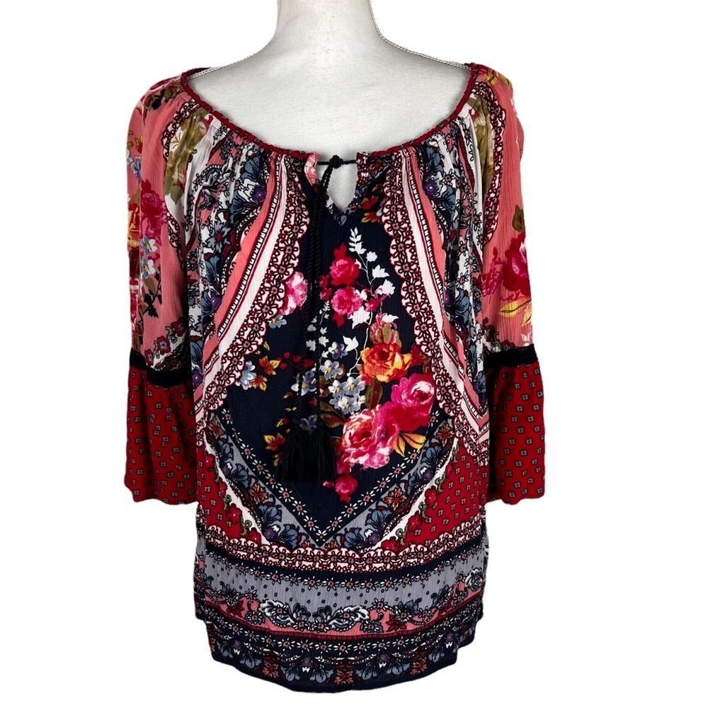 Bila Boho Mixed Floral Print Rayon Blouse Red Blue Size Medium Tassle